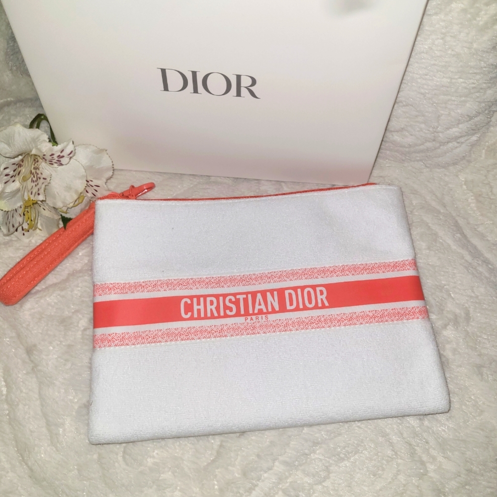 Dior White and Pink Cosmetic Bag with Bold Stripe
